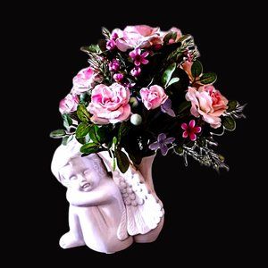 Vintage White Ceramic Angel Cherub Bud Vase ~ 6" Sitting w/Wings Extended ~ EVC!